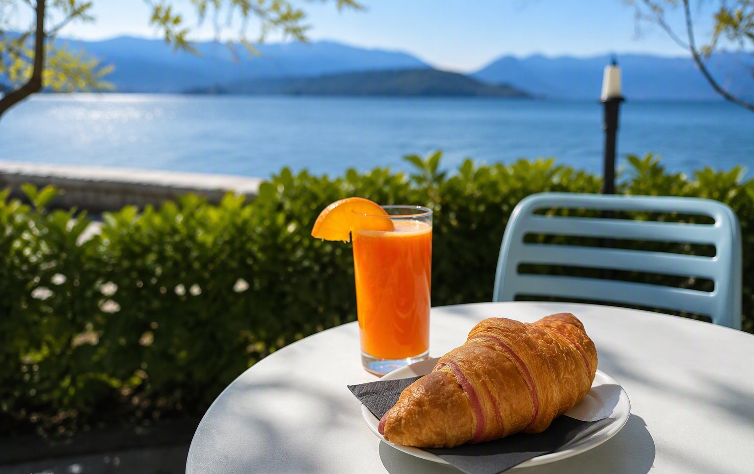 Spritz e croissant sul tavolino fronte lago